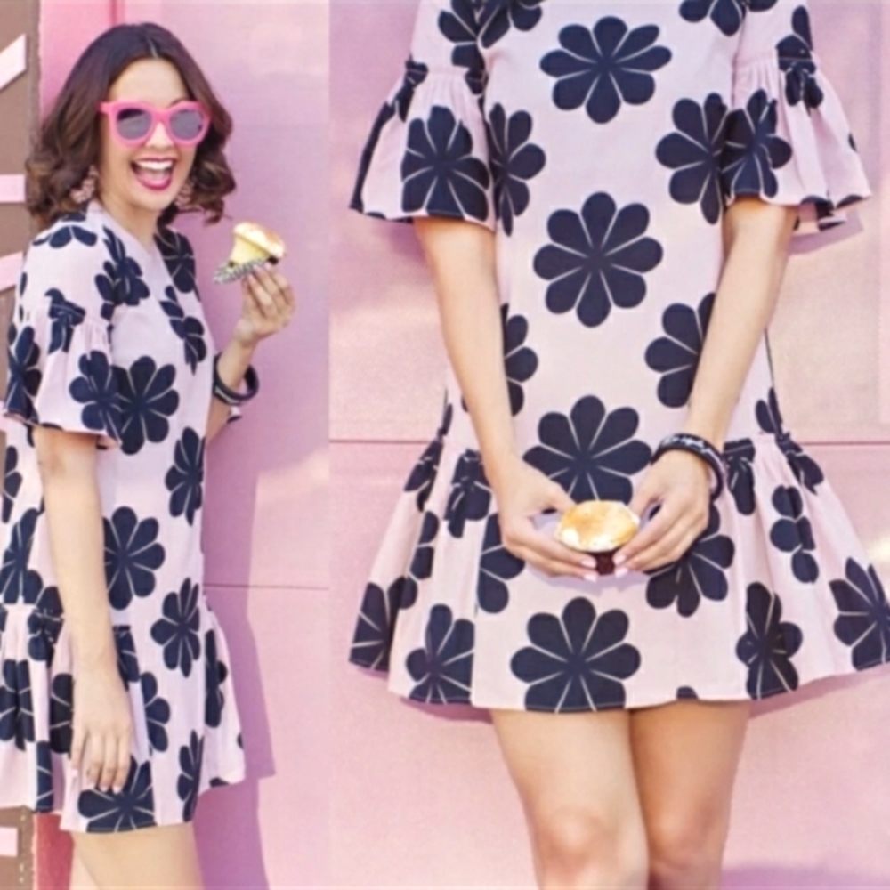 ANN TAYLOR Light Pink Black Floral Print Ruffle Hem Short Sleeve Dress 2 XS